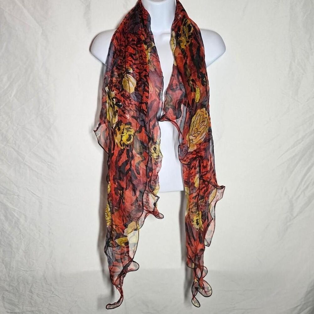 y2k 90s patterned silk red whimsical frilly scarf